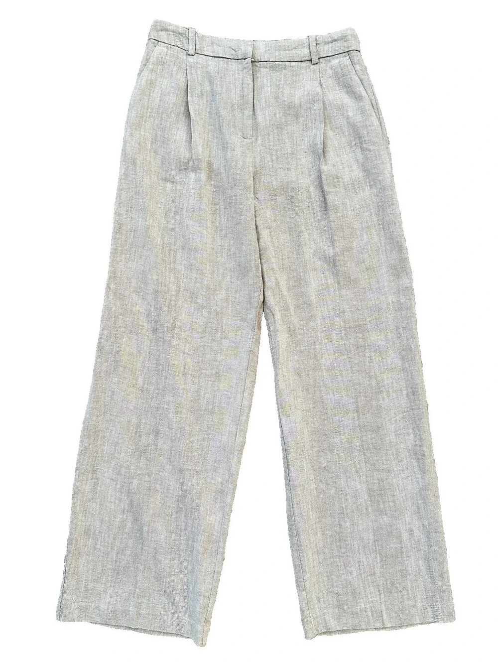 NWT H&M Beige Tan Linen Cotton Blend Herringbone Wide Let Pants Pleated Front 6